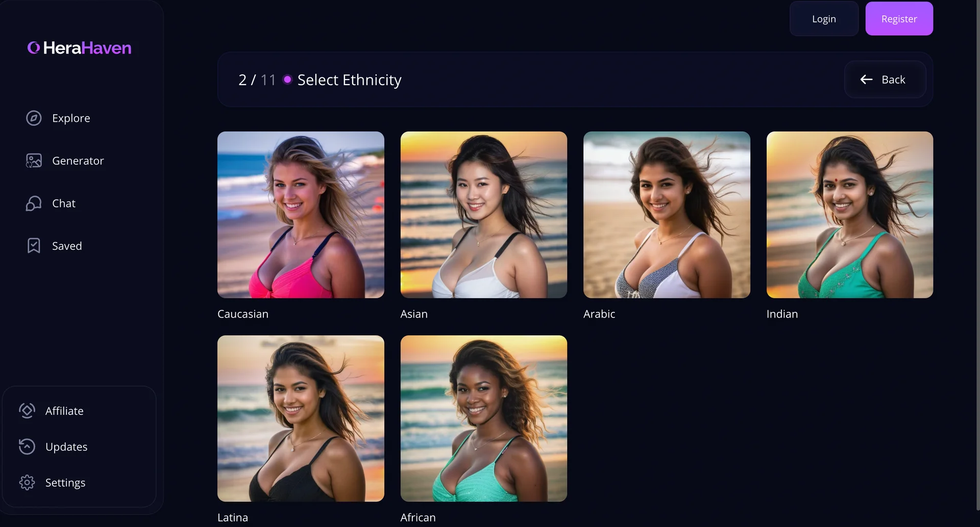 Herahaven AI β character creation screen